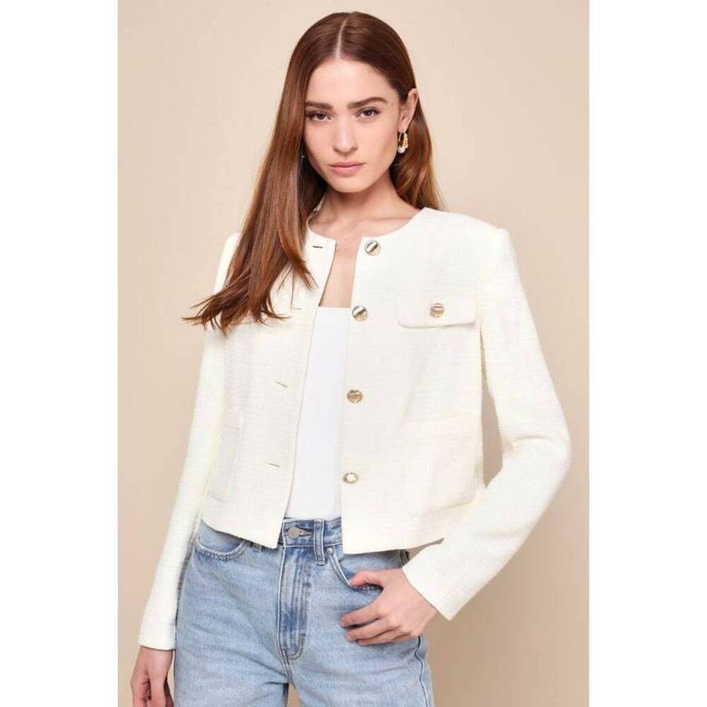 Lulus Undeniably Poised Cream Tweed Crew Neck Button-front Blazer White